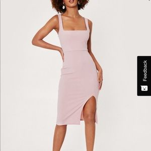 Square Neck Bodycon Slit Midi Dress in Blush